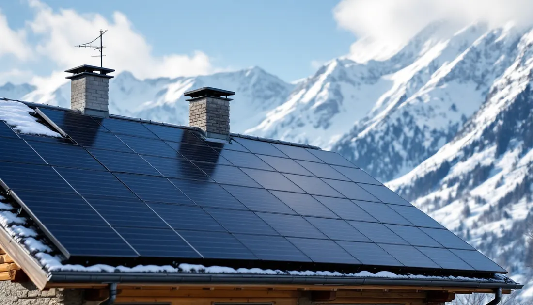 Panneaux solaires sur une maison à Grenoble, montagnes en arrière-plan